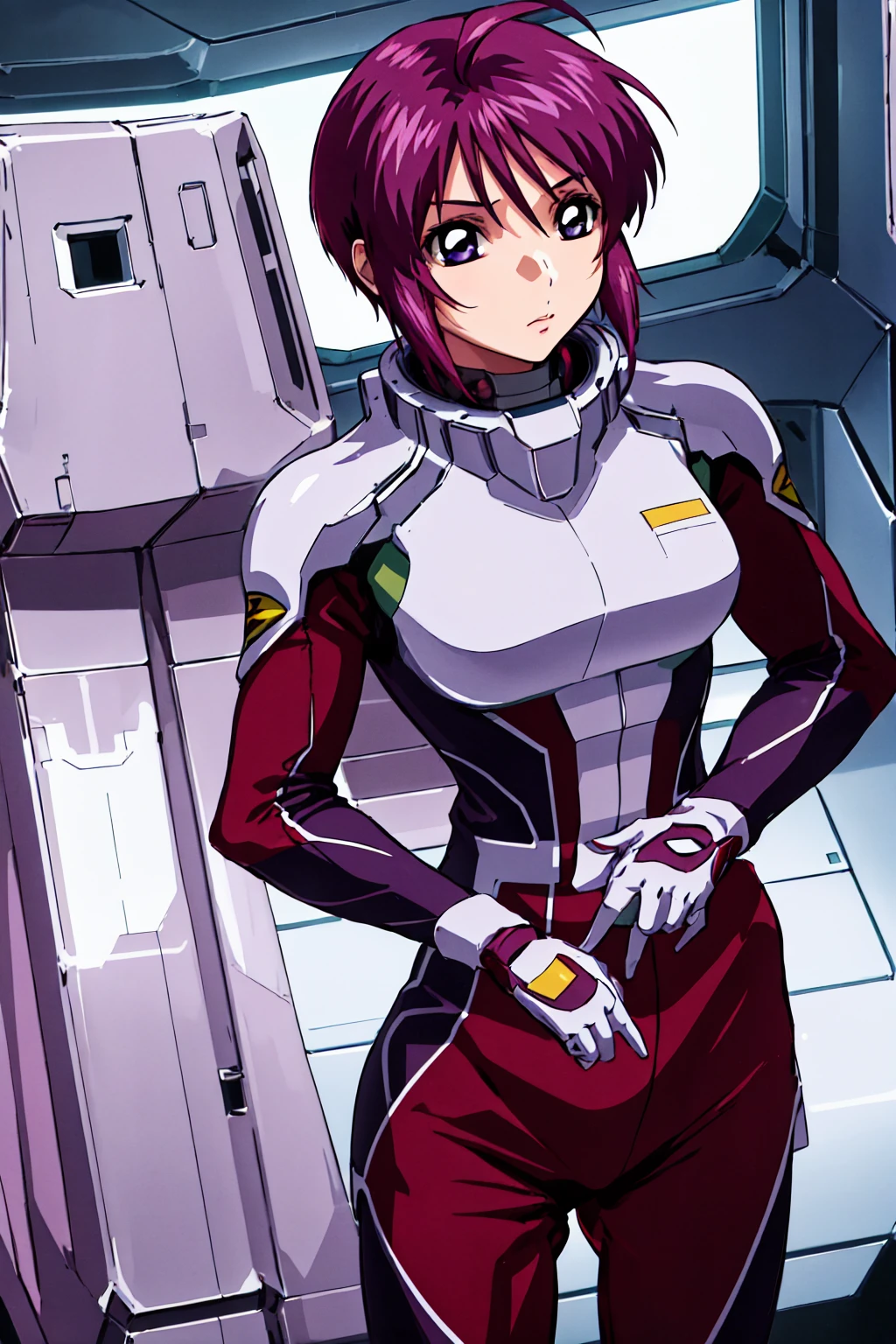 masterpiece, Highest quality, High resolution, One girl, alone, short hair, Ahoge, Redhead, Purple eyes, Purple Hair, Pilot Suit, gloves, Cowboy Shot, Are standing, Spaceship, indoor