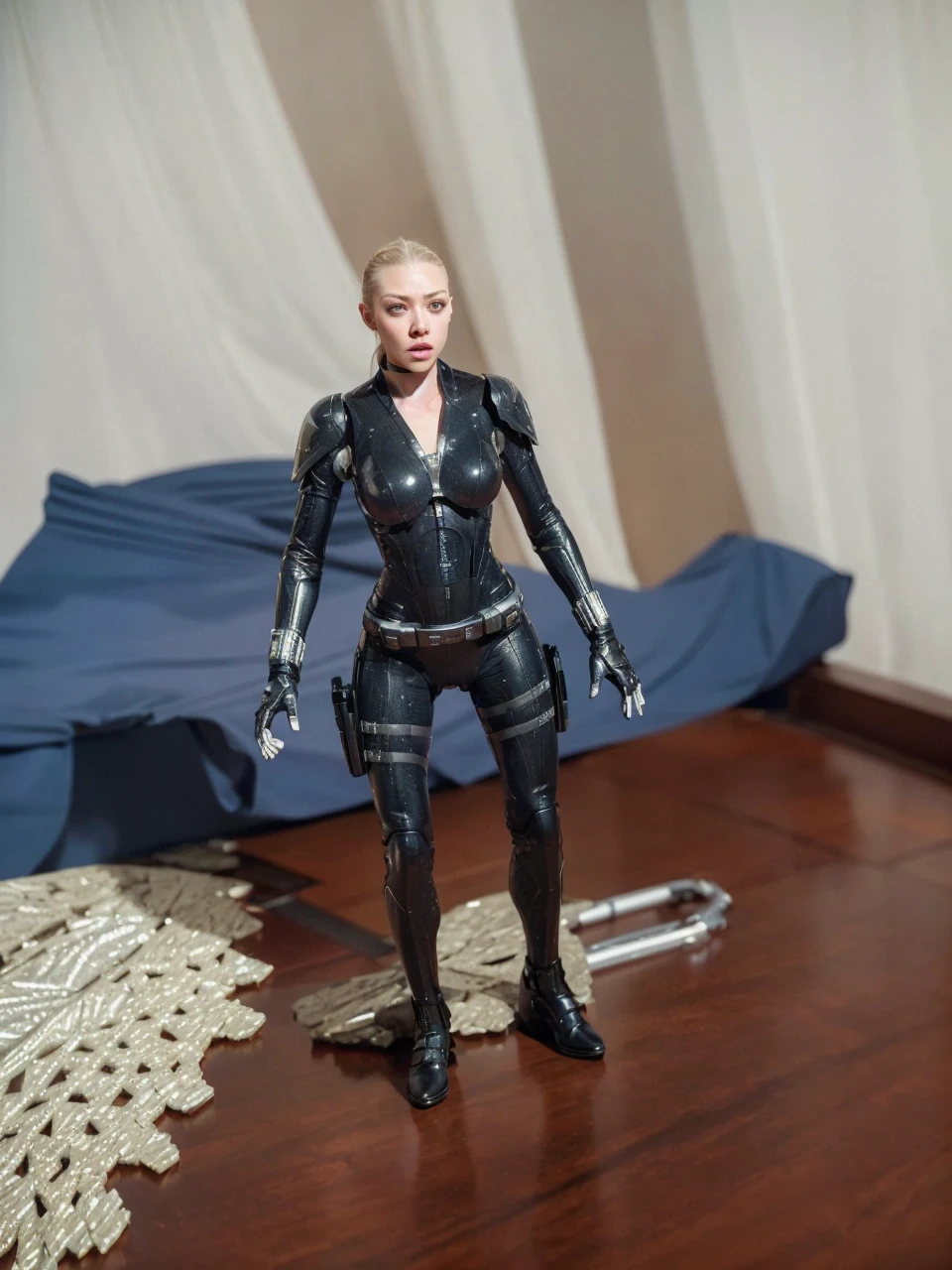 Amanda Seyfried in Star wars white Stormtrooper armor, glowing lights, (dynamic pose), (hyper realistic:1.4), (realistic:1.3), (best quality real texture skin), full body, (Cinematic Light), highly detailed skin, skin pores, (highly detailed face:1.1), (highly detailed eyes:1.1), realistic pupils, (perfect anatomy:1.1), (perfect proportions:1.1), (photography:1.1), (photorealistic:1.1), volumetric lighting, dynamic lighting, real shadows, (highres:1.1), sharp focus, daylight, (realistic, hyperrealistic:1.4), intricate, high detail, dramatic, subsurface scattering, big depth of field, vivid, polished, sharpened, ((full Sharp)), (extremely absurdres),8k hdr