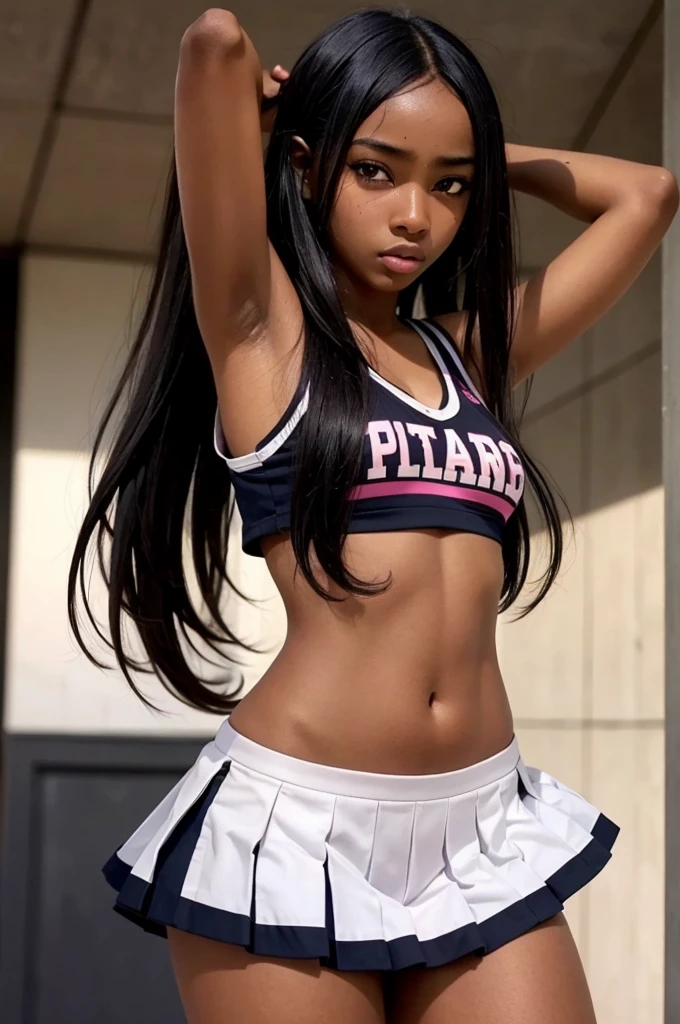 1 hot girl, dark skin, black eyes, ahegao, african, long hair, school girl, **********, small breasts, navel, exposing clothes, cheerleader, hand behind head, armpits, tight body, big lips, pink backgroung