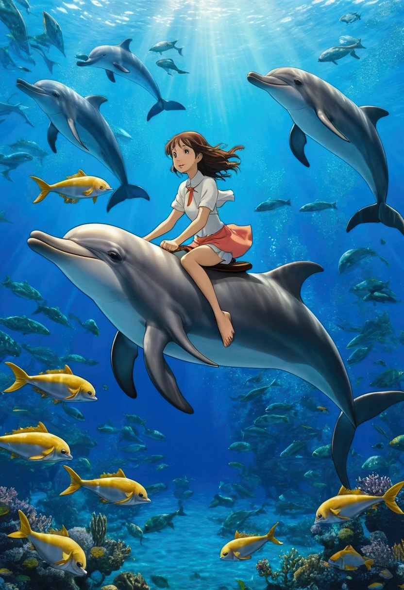 Ghibli　Underwater　Dolphin surrounded by fish　Girl riding a dolphin