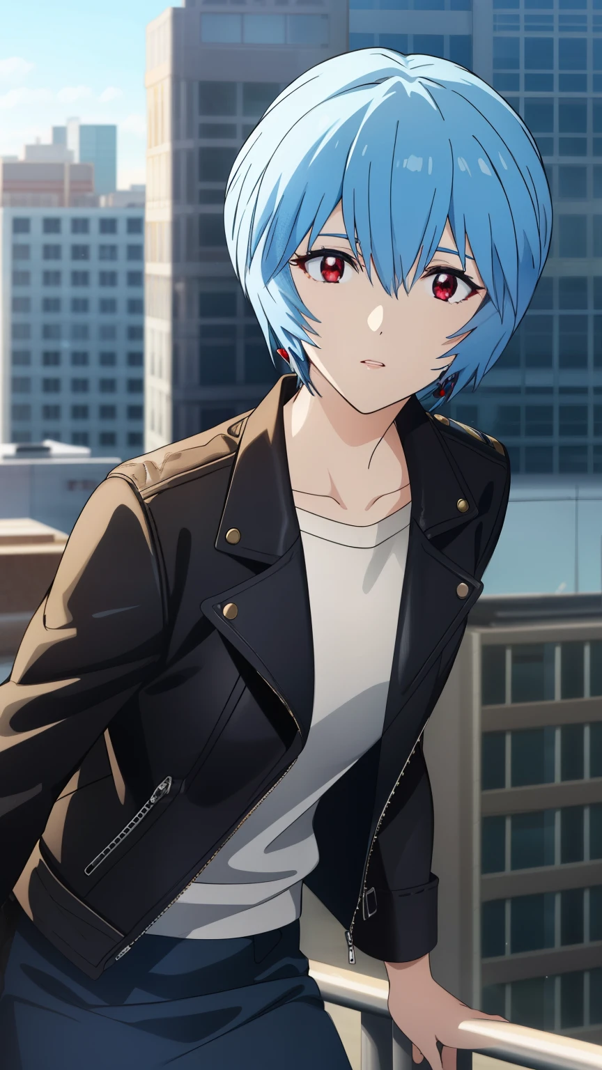 reiayanami, rei ayanami, (ayanami rei:1.2), blue hair, short hair, (red eyes:1.2), Medium breast,
BREAK (Leather jacket, Leather skirt, Earrings, city),
BREAK (masterpiece:1.2), best quality, high resolution, unity 8k wallpaper, (illustration:0.8), (beautiful detailed eyes:1.6), extremely detailed face, perfect lighting, extremely detailed CG, (perfect hands, perfect anatomy),cowboy Shot, looking at viewer,