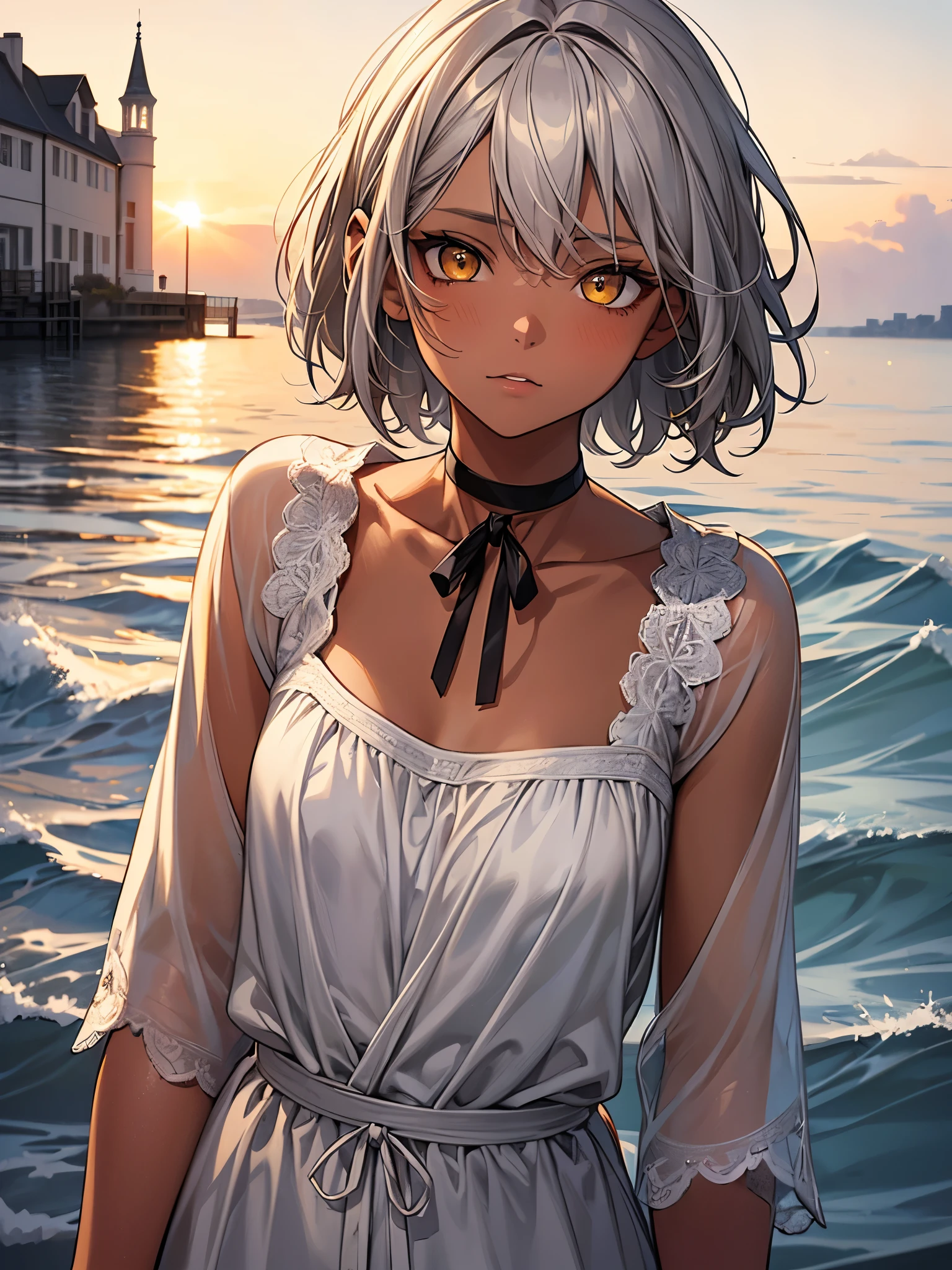 Anime girl in white dress standing in front of a body of water - SeaArt AI