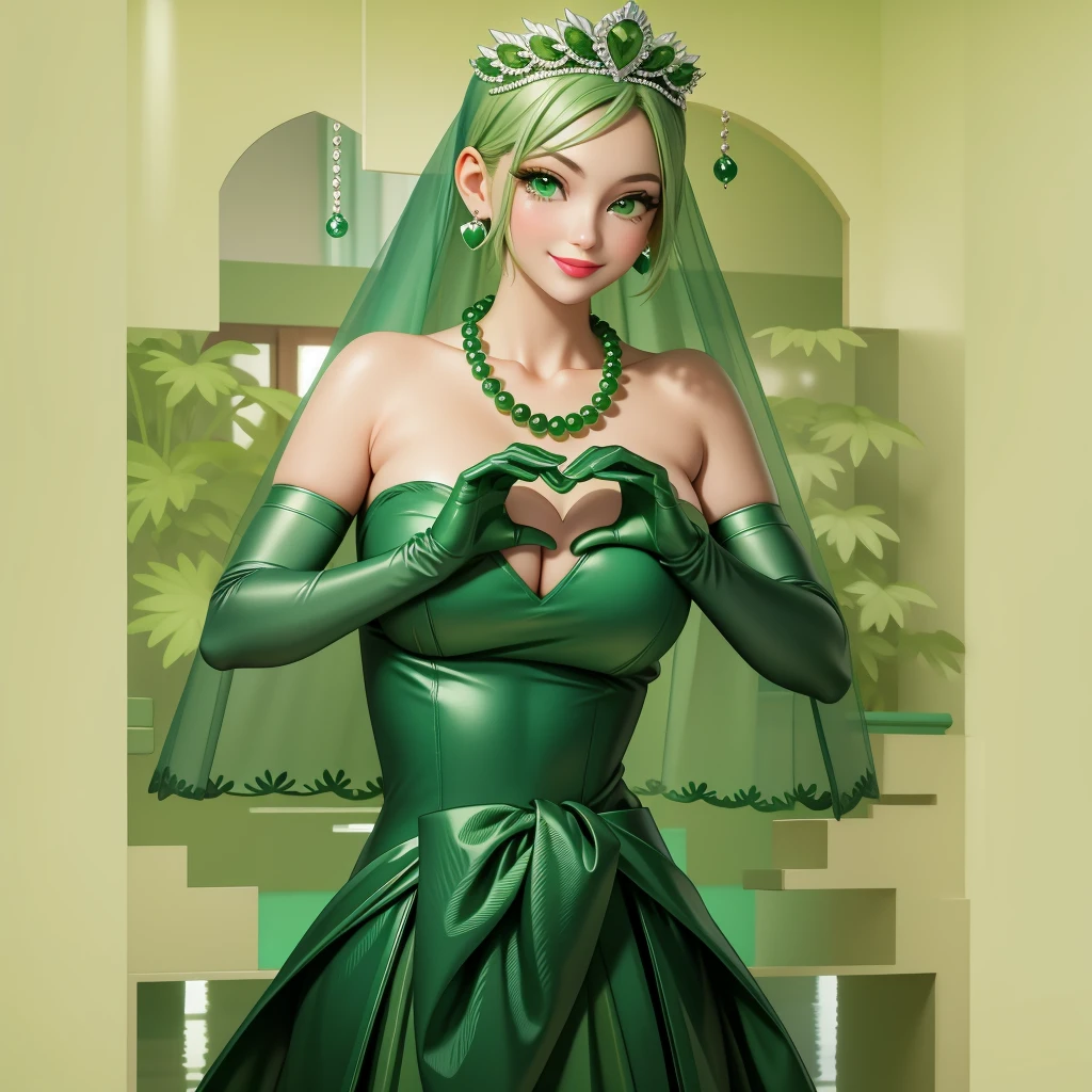 Emerald tiara, Green Pearl Necklace, ボーイッシュな非常に短いGreen Hair, Green Lips, Smiling Japanese woman, Very short hair, Busty beautiful lady, Green Eyes, Green satin long gloves, Green Eyes, Emerald Earrings, Green veil, Heart with both hands, Green Hair, Beautiful Japanese Woman, Heart shaped hands:1.3, green lip gloss