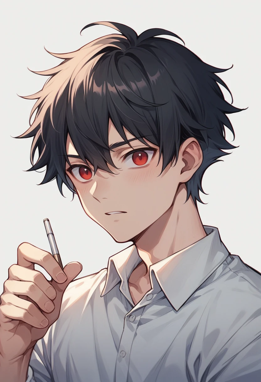 Small anime boy black hair red eyes wearing primary  