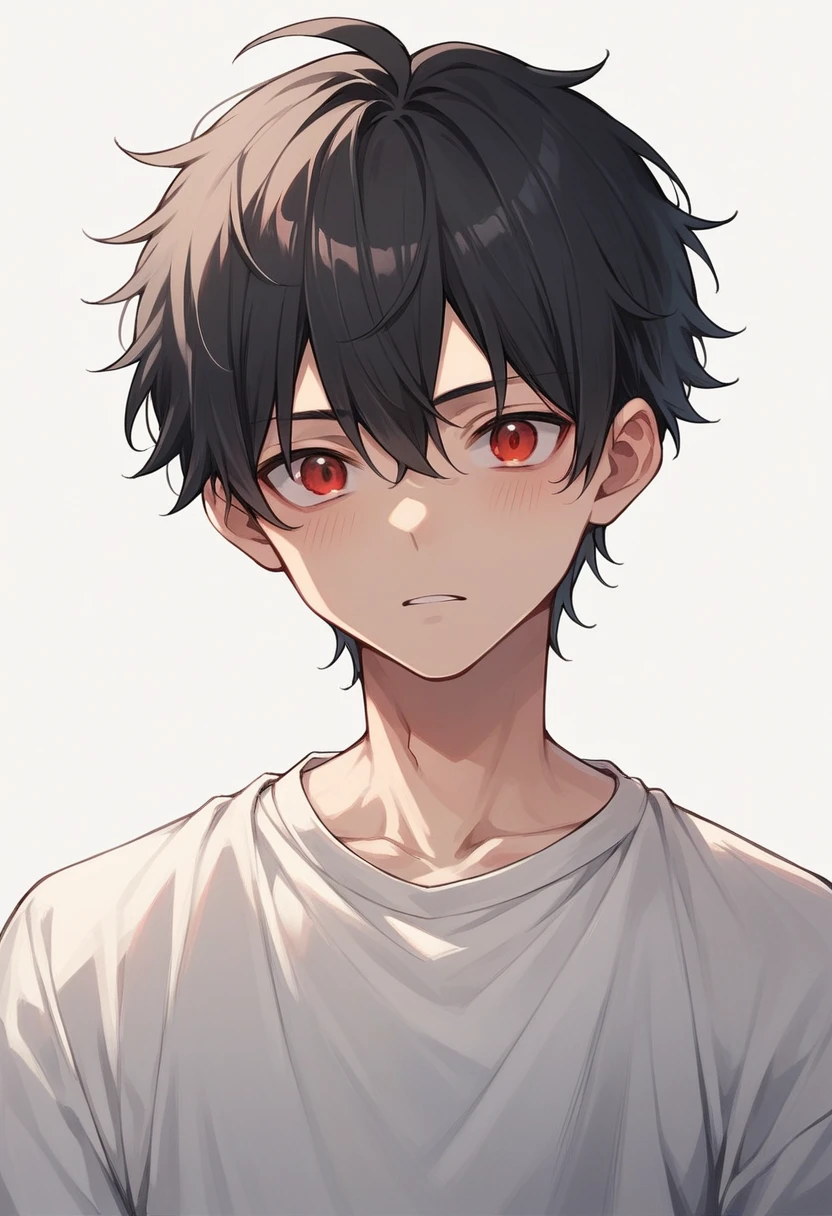 Small anime boy black hair red eyes wearing primary
