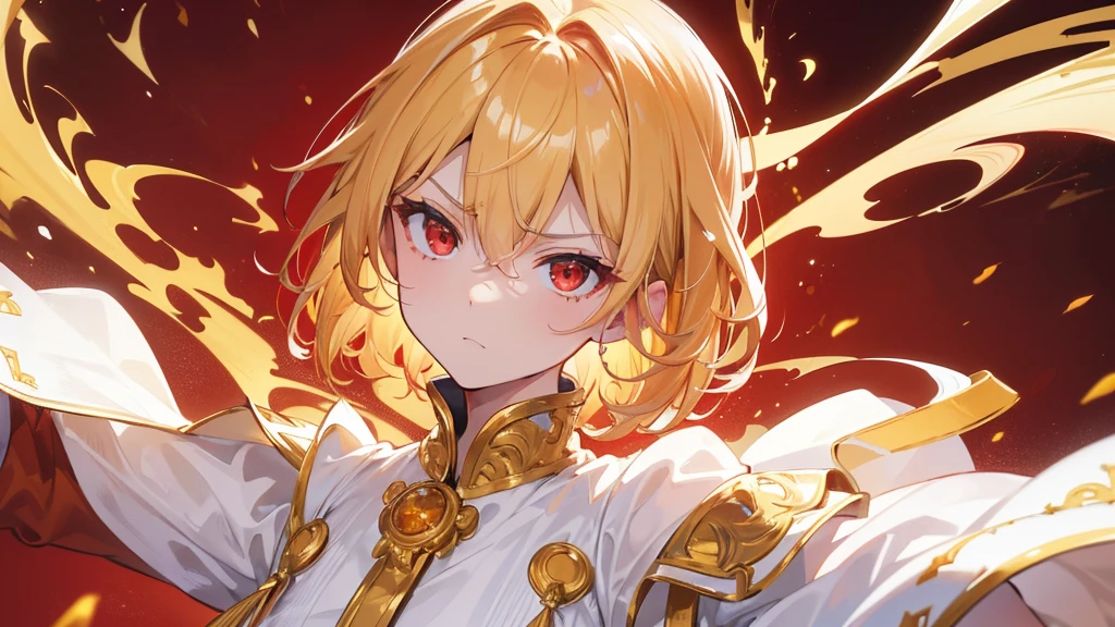 (Highest quality) (4K) (8k) (High resolution) (masterpiece:1.2) (Super detailed) One boy short hair emperor Red eyes Long sleeve Golden decoration Hair between the eyes White Dress Wavy golden hair Upper Body (White Background) front Get angry