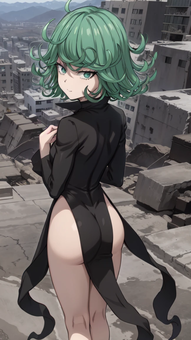 Anime art style, tatsumaki from one punch man, green hair, white skin, standing on destroyed city, cinematic lights, blushing cheeks, smilling, looking back at viewers, grabbing her ass, big booty, NSFW, back view, beautiful scenery.