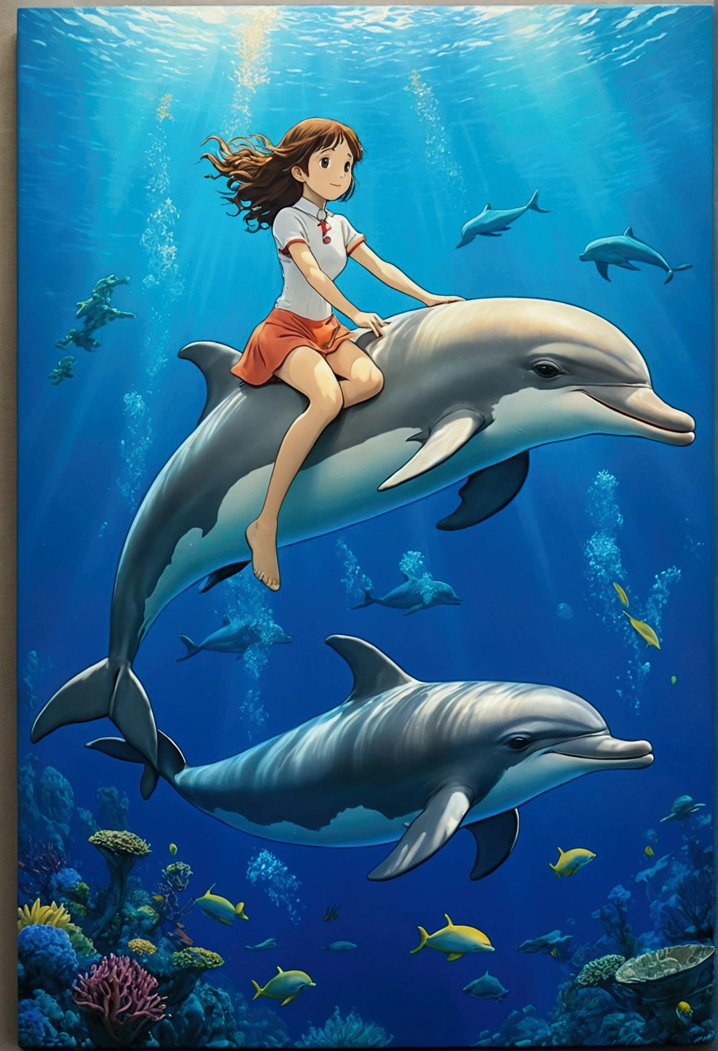 Ghibli Underwater Girl riding a dolphin