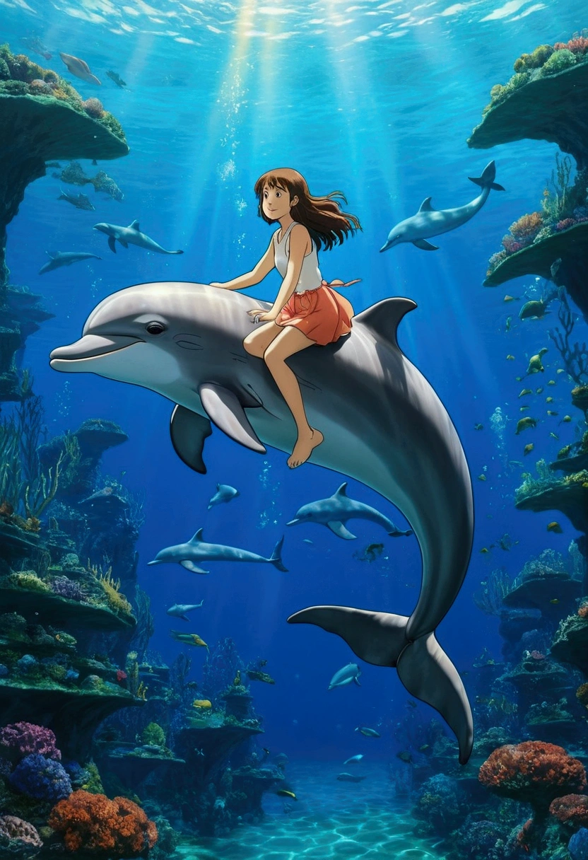 Ghibli Underwater Girl riding a dolphin