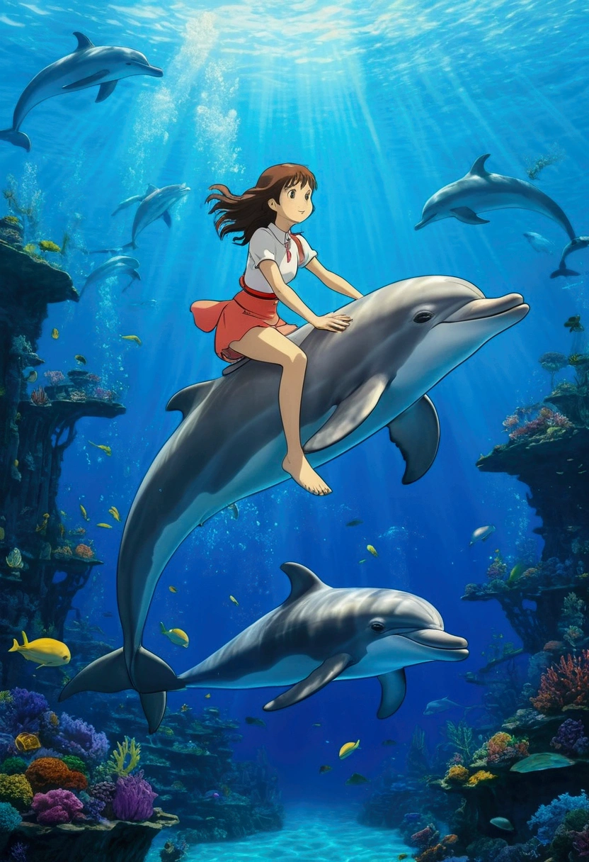 Ghibli Underwater Girl riding a dolphin