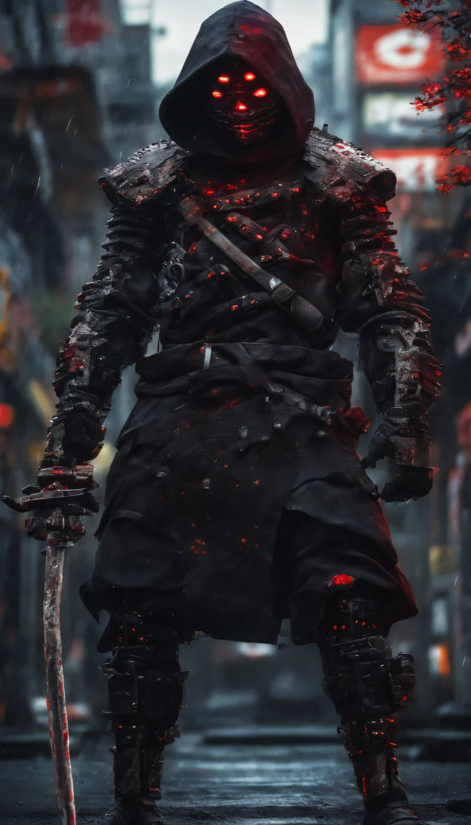 ninja shinobi cyberpunk cyborg robot .sitting on a tree branch.big thighs, at night, yasuke.Ninja wearing a hat. Cyborg shinobi. Red eyes, devil mask, rain. The dark night. Equipped with Sword at the back. Katana is in the back. Robots. Gear. screws. lamp. wire in the back. Catch monsters in alley.real. Tokyo. UE5 CGI.Skull armor.
