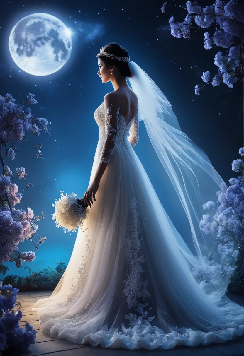 1 Bridal Dress Silhouette Art, Multiple Exposure, blue Moon, Improve, Complex, (Highest quality, masterpiece, Representative works, Official Art, Professional, Unified 8k wallpaper:1.3)、organdy、transparent