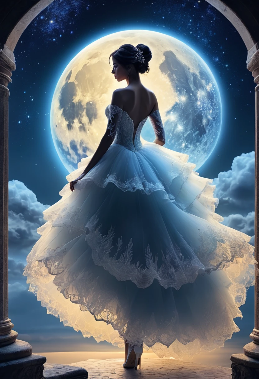 1 Bridal Dress Silhouette Art, Multiple Exposure, blue Moon, Improve, Complex, (Highest quality, masterpiece, Representative works, Official Art, Professional, Unified 8k wallpaper:1.3)、organdy、transparent