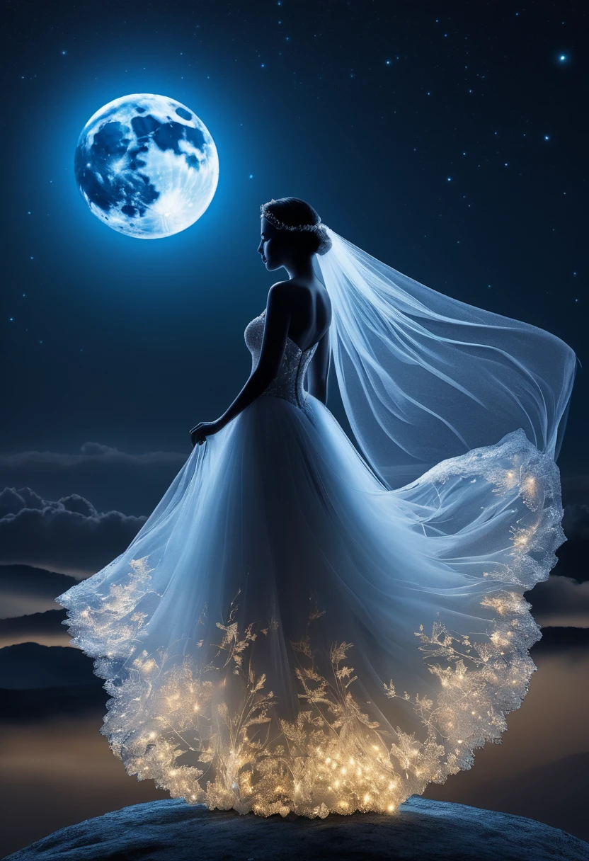 1 Bridal Dress Silhouette Art, Multiple Exposure, blue Moon, Improve, Complex, (Highest quality, masterpiece, Representative works, Official Art, Professional, Unified 8k wallpaper:1.3)、organdy、transparent