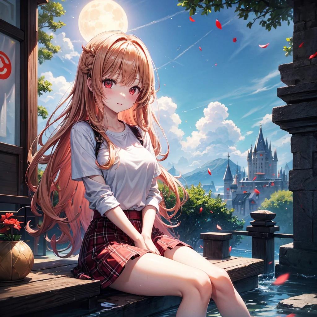 Red-blonde、Red eyes、One cute girl、solo、And soul、Light clothing、Checked mini skirt、petal、Wet hair、Sit on、black t-shirts、large tree、cloud、full moon、monster castle、lanthanum、Hell's Gate、Craft Gatekeeper、barefoot、Stones are piled up、Devil、Teeth are visible、Secret Treasure、Wooden chair