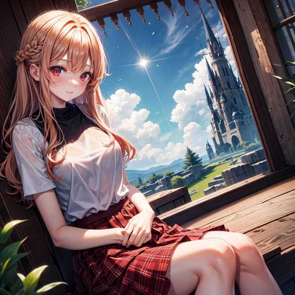 Red-blonde、Red eyes、One cute girl、solo、And soul、Light clothing、Checked mini skirt、petal、Wet hair、Sit on、black t-shirts、large tree、cloud、full moon、monster castle、lanthanum、Hell's Gate、Craft Gatekeeper、barefoot、Stones are piled up、Devil、Teeth are visible、Secret Treasure、Wooden chair