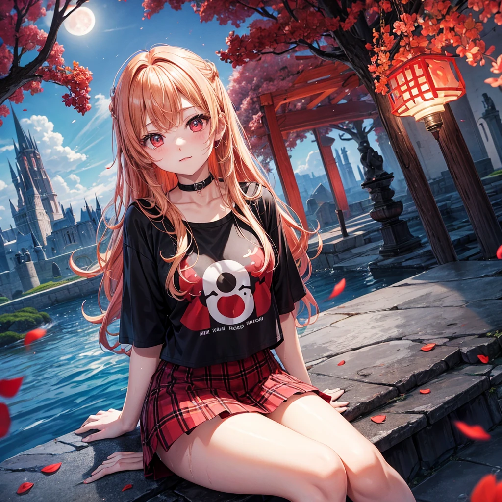 Red-blonde、Red eyes、One cute girl、solo、And soul、Light clothing、Checked mini skirt、petal、Wet hair、Sit on、black t-shirts、large tree、cloud、full moon、monster castle、lanthanum、Hell's Gate、Craft Gatekeeper、barefoot、Stones are piled up、Devil、Teeth are visible、Secret Treasure、Wooden chair