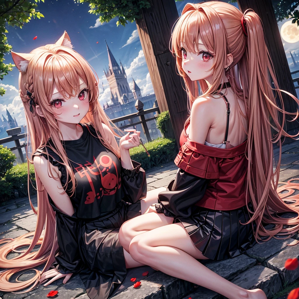 Red-blonde、Red eyes、One cute girl、solo、And soul、Light clothing、Checked mini skirt、petal、Wet hair、Sit on、black t-shirts、large tree、cloud、full moon、monster castle、lanthanum、Hell's Gate、Craft Gatekeeper、barefoot、Stones are piled up、Devil、Teeth are visible、Secret Treasure、Wooden chair