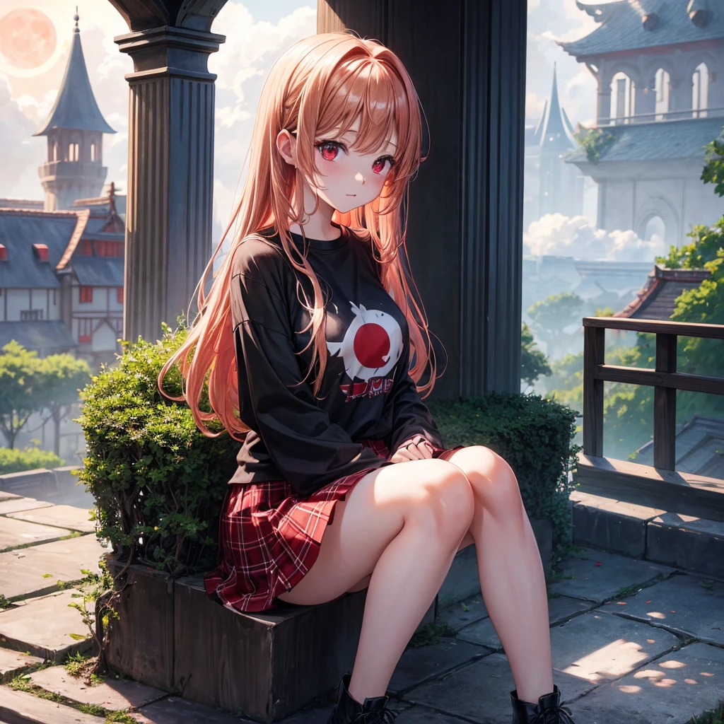 Red-blonde、Red eyes、One cute girl、solo、And soul、Light clothing、Checked mini skirt、petal、Wet hair、Sit on、black t-shirts、large tree、cloud、full moon、monster castle、lanthanum、Hell&#39;s Gate、Craft Gatekeeper、barefoot、Stones are piled up、Devil、Teeth are visible、Secret Treasure、Wooden chair