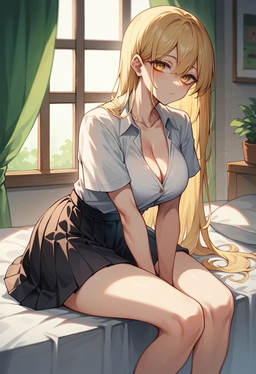 Minecraft Enderman Girl　Japanese　Golden silky straight hair　Wearing a shirt and a pleated skirt　The cleavage is visible　beautiful　Very tall　tall　Minecraft World　Sitting on the bed　Dark blonde　Black painted room　