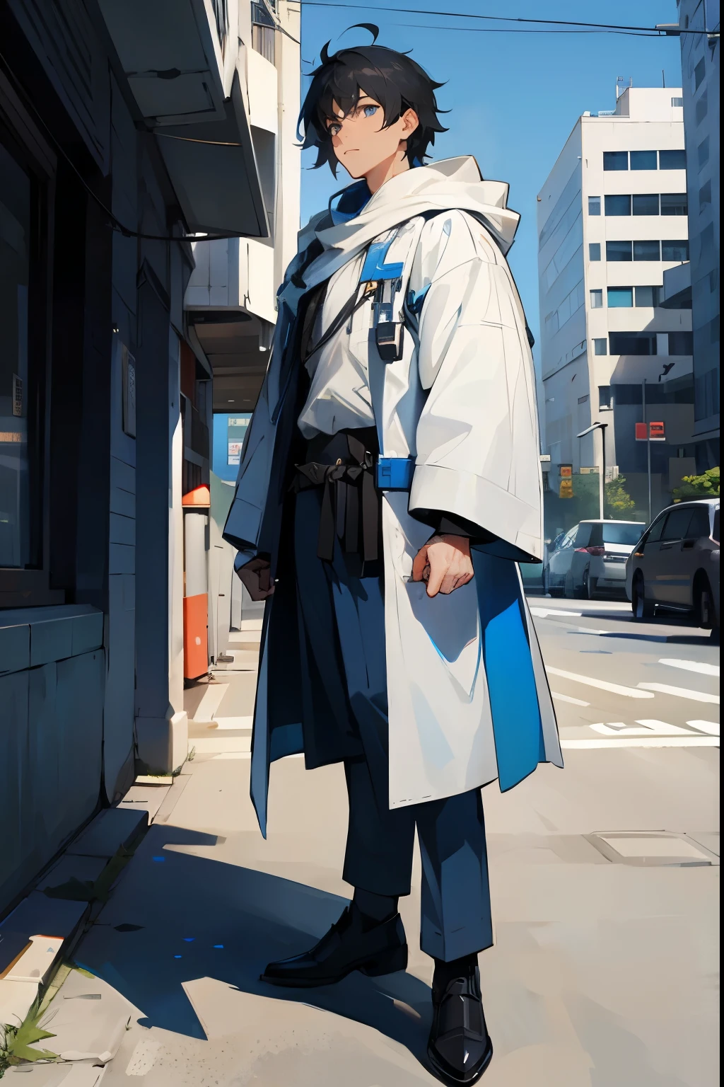1male , Messy Black Hair , White Military Combat Clothing , White Hood , Blue Eyes , Baggy White and Blue Clothing , Muscular , Standing on sidewalk , Modern City Background , Perfect Generation