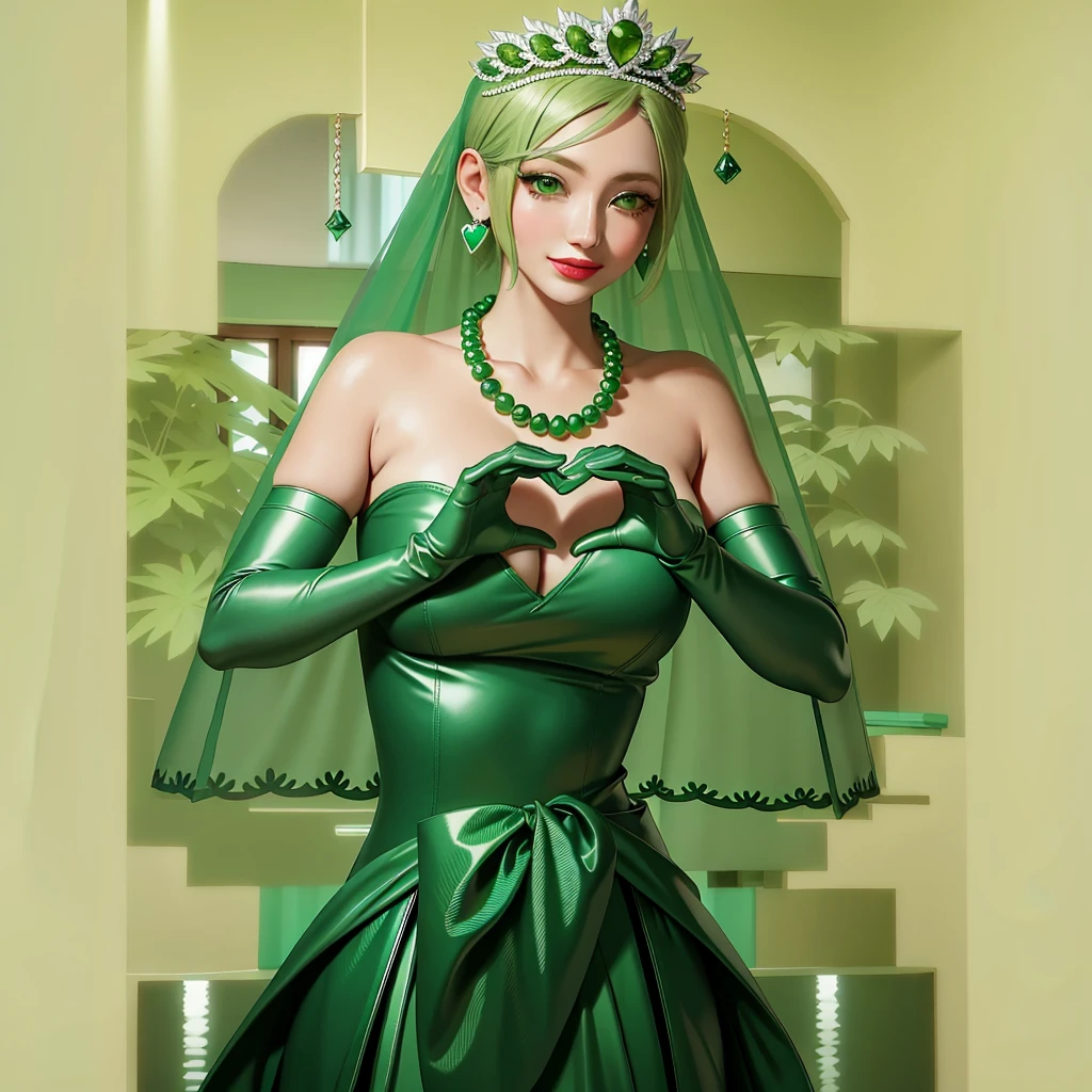 Emerald tiara, Green Pearl Necklace, ボーイッシュな非常に短いGreen Hair, Green Lips, Smiling Japanese woman, Very short hair, Busty beautiful lady, Green Eyes, Green satin long gloves, Green Eyes, Emerald Earrings, Green veil, Heart with both hands, Green Hair, Beautiful Japanese Woman, Heart shaped hands:1.3, green lip gloss
