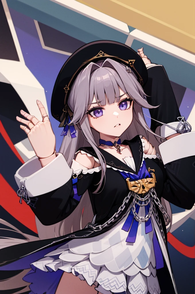 aherta, long hair, grey hair, hair flower, beret, black headwear, joints, choker, key, sailor collar, shoulder cutout, white dress, detached sleeves, herta, star rail herta, madam herta, star rail, arms up, absolute cinema meme, arms, front, front body, front body, hands up, front arms up, mature body, serious face, indiferent face, boring face