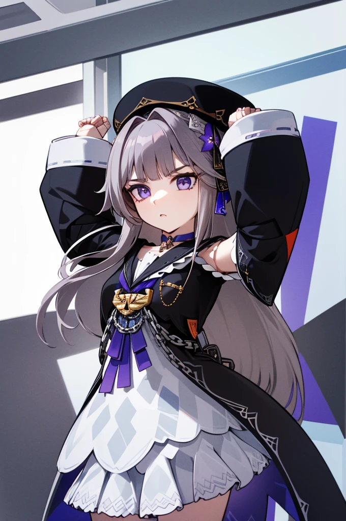 aherta, long hair, grey hair, hair flower, beret, black headwear, joints, choker, key, sailor collar, shoulder cutout, white dress, detached sleeves, herta, star rail herta, madam herta, star rail, arms up, absolute cinema meme, arms, front, front body, front body, hands up, front arms up, mature body, serious face, indiferent face, boring face