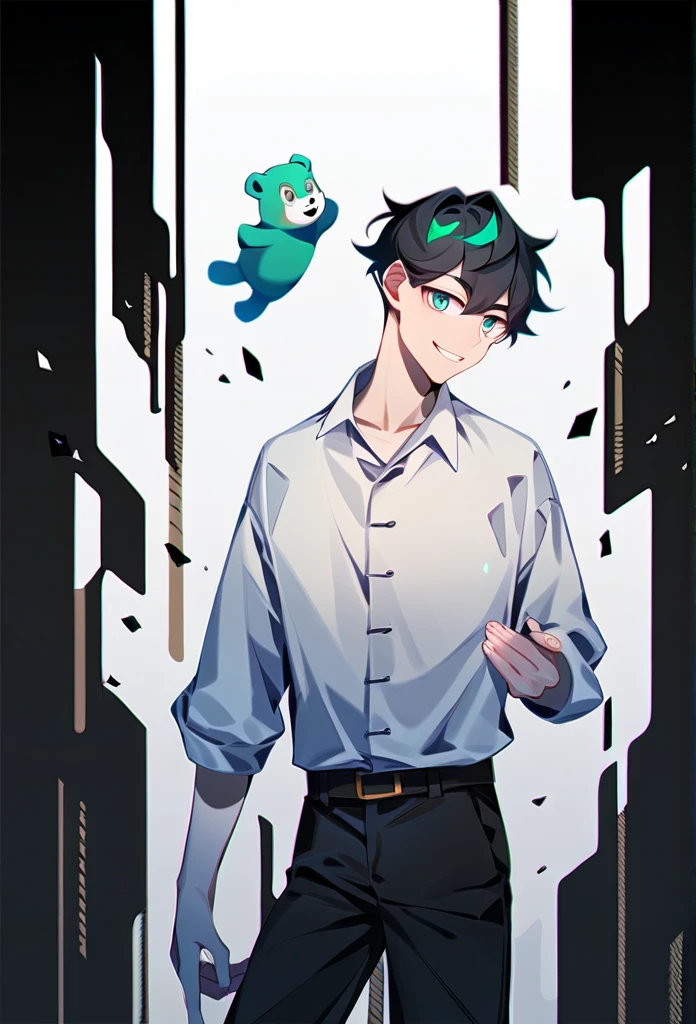 2 young men, focus man, many boys, pair, portable princess, bear, shirt, trousers, look elsewhere, smile, short hair, black hair, green eyes, black circle hair, gray eyes , The best aesthetics ในอาคาร, best quality, Amazing quality, The best aesthetics, nonsense
