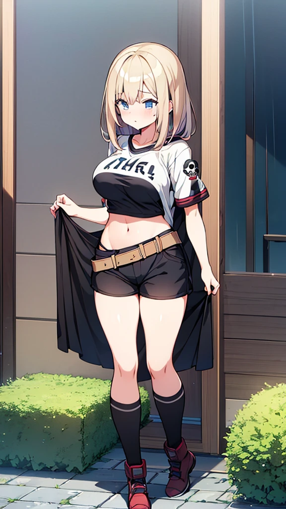Full body image, front, One girl, 18-year-old, Mix 4, (32K, RAW Photos, Highest quality, masterpiece:1.2), (Anime-like, photoAnime-like:1.37), cute, Short sleeve T-shirt,Shorts,Black knee socks, night, rain, Humidity, Professional Lighting, Photon Mapping, Radio City, Physically Based Rendering, Super Resolution, (Big Breasts:1.2), {{The biological weapon that had preyed on the younger sister took her place and reunited with the older brother, The rebellious little sister has become the obedient little sister}}, Girl Skull, whole body, NSFW