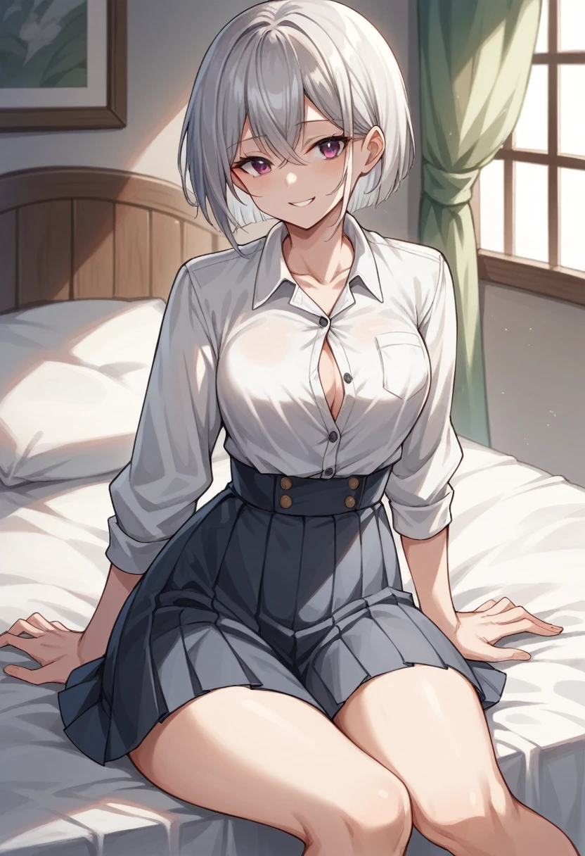 Girl sitting on bed（The girl has long silver hair　Shoulder length　She is wearing a white shirt and a black pleated skirt　All buttons on the shirt are closed　Gray Eyes　White skin　tall　With bangs　Beautiful face　Thin legs　Small waist, slightly large chest　Smiling　Silver Hair　Anime Style ）