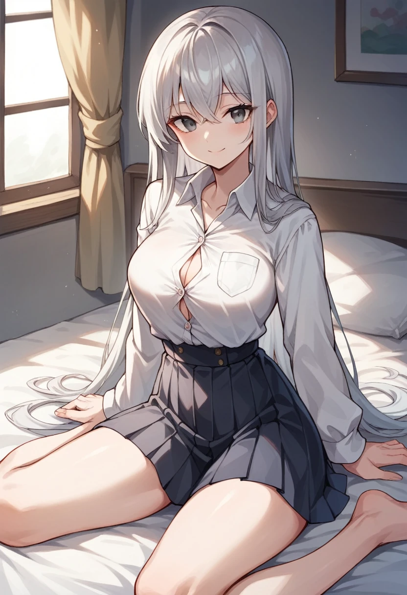 Girl sitting on bed(The girl has long silver hair Shoulder length She is wearing a white shirt and a black pleated skirt All buttons on the shirt are closed Gray Eyes White skin tall With bangs Beautiful face Thin legs Small waist, slightly large chest Smiling Silver Hair Anime Style )