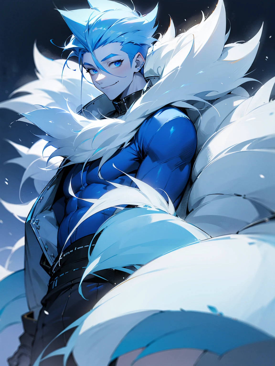 1male, blue skin, white spiky hair, modern undercut, oversized fur coat, blue sweatpants, snowy area, smile, ice on body