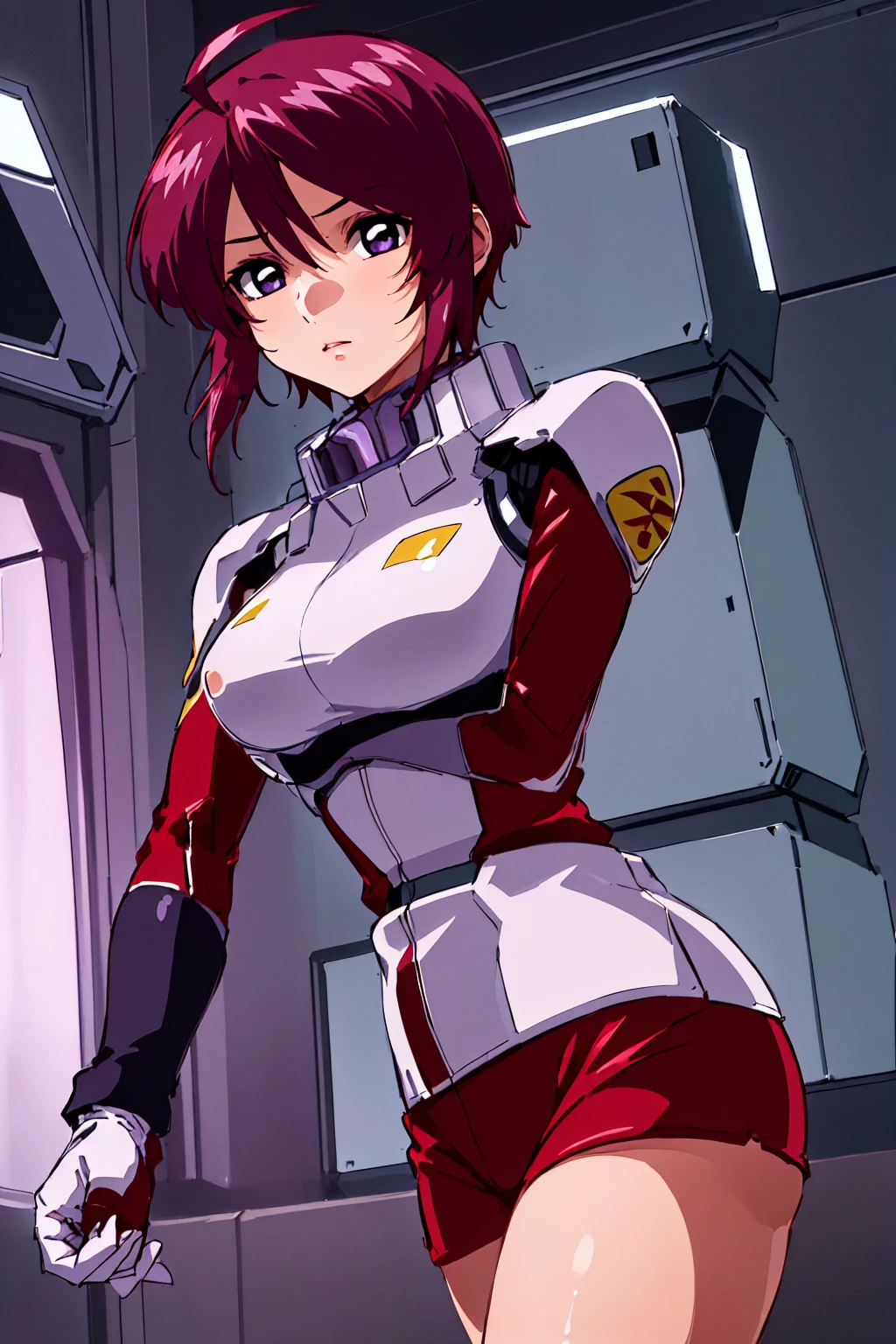 ((masterpiece, best quality, highres, 1girl, 独奏, short hair, ahoge, red hair, purple eyes, pilot suit, gloves, cowboy shot, standing, spacecraft, indoors))、Person Up、Watching the audience,Large Breasts, Sad face、 ((Tabletop:1.4, Highest quality)), High resolution、完璧なmasterpiece, Highest quality, be familiar with, Soft dim lighting, addition_detailed, Good lighting、((beautifull detaileded face))、Highly detaileded eyes、Perfect lighting、(NSFW:1), (((masterpiece)))、Solo Focus、Shiny、Professional photography lighting, extremely detaileded eye and face, Eyes with beautiful detaileds、beautiful detaileded hair, beautiful detaileded cold face，Perfect hands, Perfect Fingers, Perfect breasts, Perfect body, Perfect Face, Perfect image,be familiar with background, detaileded costume,