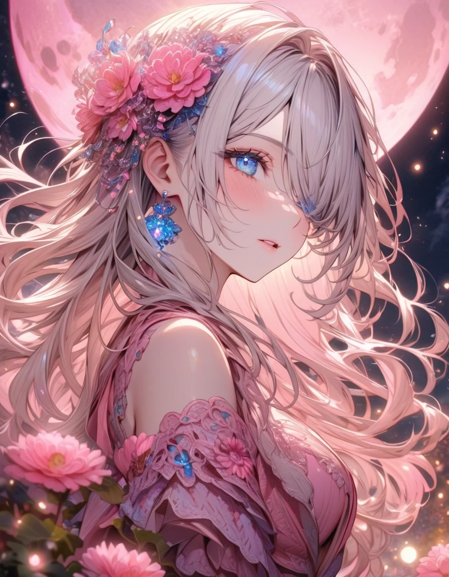 absurdres, highres, ultra detailed, HDR, master piece, best quality, extremely detailed, Elizabeth Liones, white hair, long hair, expressive blue eyes, hair over the right eye, blue earring, Nanatsu No Taizai, woman, solo, beautiful, pink shirt, fantasy, sparkling, pink glittering fireflies, pink moon, pink blossoms, pink chrysanthemums, pink sparkling lights, starry sky, magical