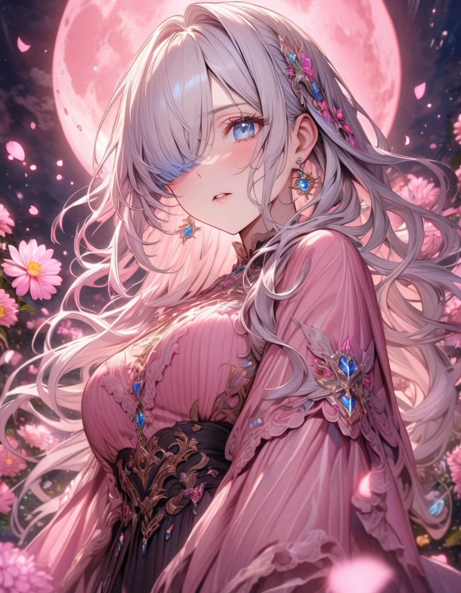 absurdres, highres, ultra detailed, HDR, master piece, best quality, extremely detailed, Elizabeth Liones, white hair, long hair, expressive blue eyes, hair over the right eye, blue earring, Nanatsu No Taizai, woman, solo, beautiful, pink shirt, fantasy, sparkling, pink glittering fireflies, pink moon, pink blossoms, pink chrysanthemums, pink sparkling lights, starry sky, magical
