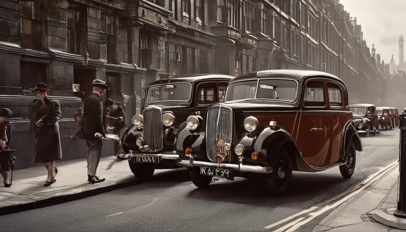 The good old days of London, 1950s, Ikasu cars, 5th floor, An illustration, 4K images, Highest quality, 8k images, masterpiece, dark, Drill Beat, mini crosover,
