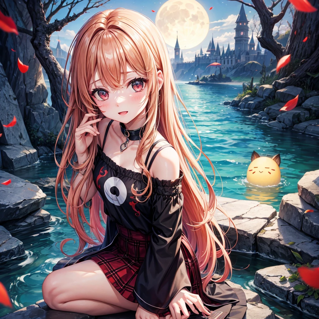 Red-blonde、Red eyes、One cute girl、solo、And soul、Light clothing、Checked mini skirt、petal、Wet hair、Sit on、black t-shirts、large tree、cloud、full moon、monster castle、lanthanum、Hell's Gate、Craft Gatekeeper、barefoot、Stones are piled up、Devil、Teeth are visible、Secret Treasure、Wooden chair、Wooden fence