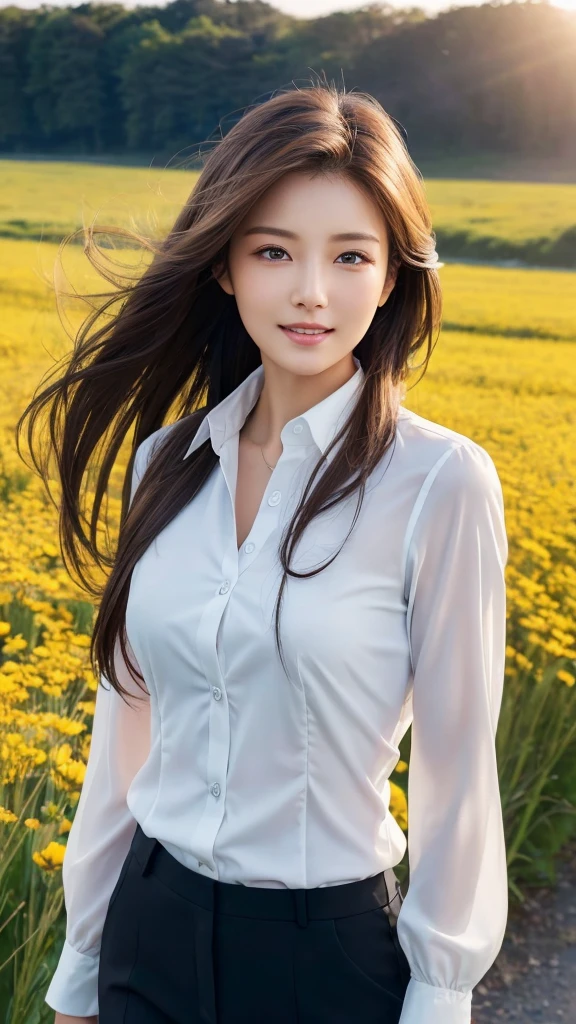 highest quality、genuine、Super detailed、finely、High resolution、8k wallpaper、one beautiful woman、、、light brown disheveled hair、wearing a business suit、sharp focus、perfect dynamic composition、beautiful and detailed eyes、thin hair、Detailed genuine skin texture、smile、model body shape、In a windswept meadow