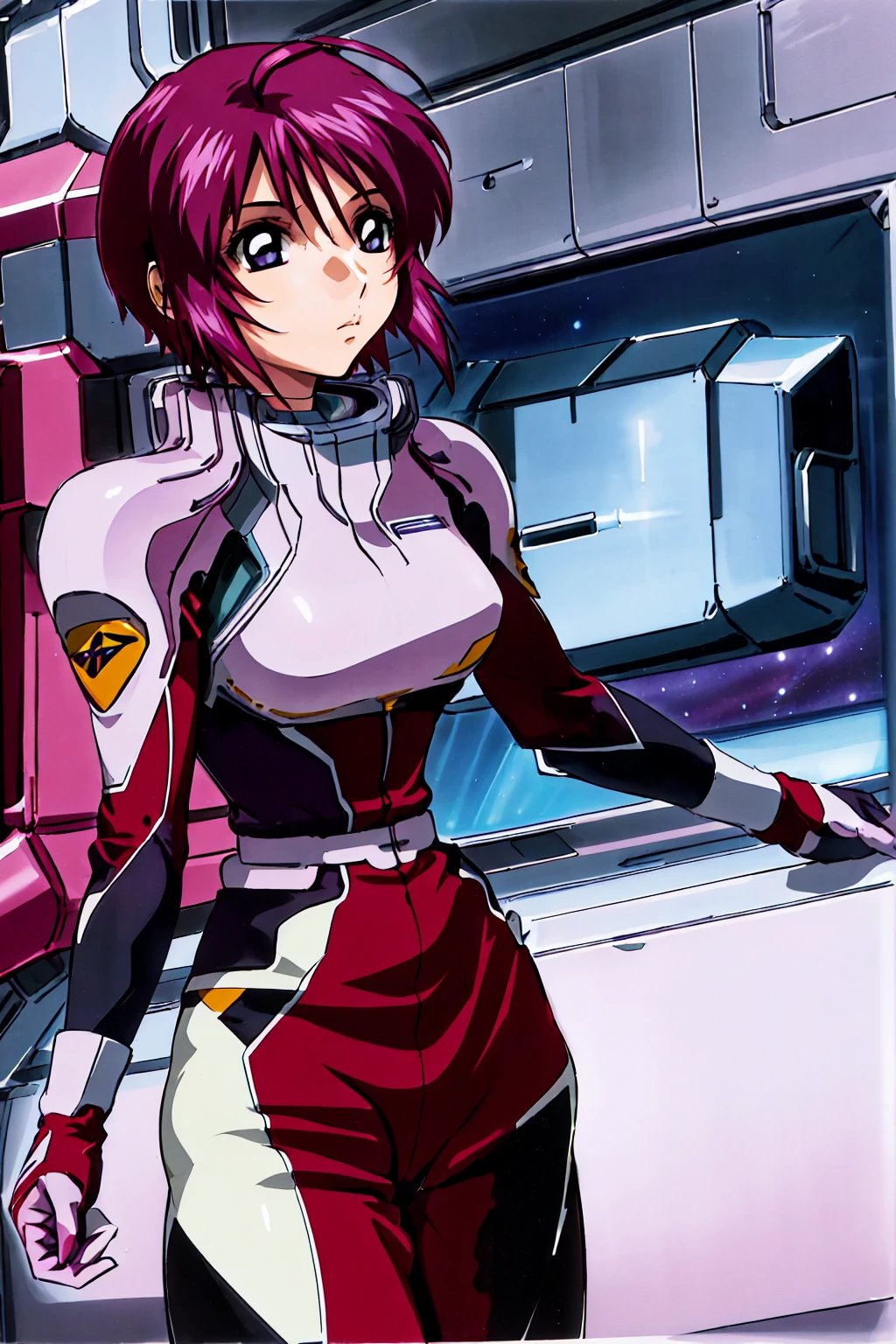masterpiece, Highest quality, High resolution, One girl, alone, short hair, Ahoge, Redhead, Purple eyes, Purple Hair, Pilot Suit, gloves, Cowboy Shot, Are standing, Spaceship, indoor