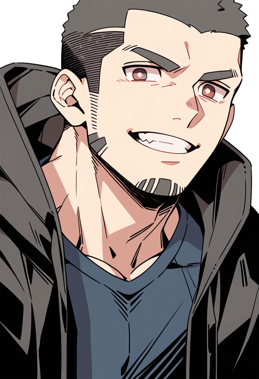 anime characters:Priapus, Muscle Sports Student, Buzz Cut, Manliness, male focus, Sports tight hooded sweatshirt, Very tight, full and perky chest muscles, muscular male, muscular, only, Upper body, alone, Red short hair, Thick eyebrows, stubble, Brown-red pupils, White background, simple background, amazing quality, best aesthetics, Ridiculous, crew cut, smirk, bright pupils, grin, negative space, negative space, best quality