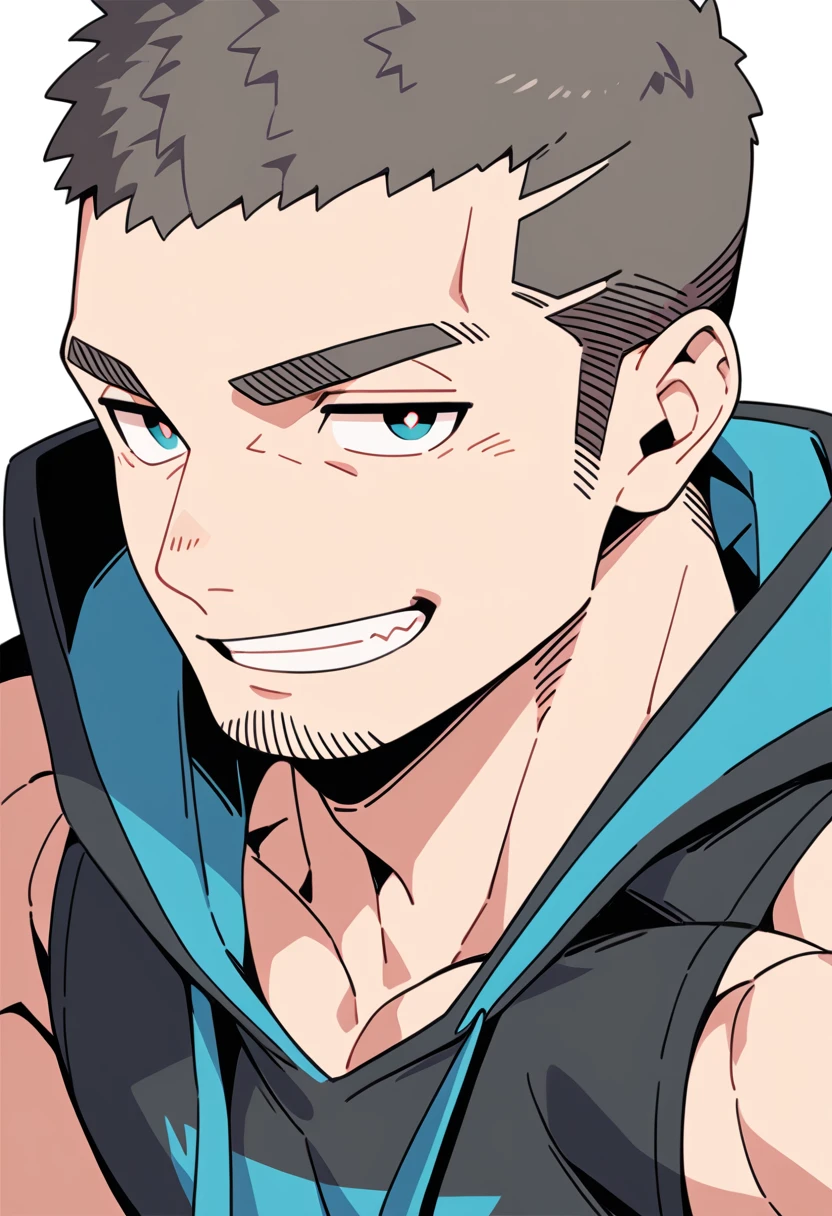 anime characters:Priapus, Muscle Sports Student, Buzz Cut, Manliness, male focus, Sports tight hooded sweatshirt, Very tight, full and perky chest muscles, muscular male, muscular, only, Upper body, alone, Red short hair, Thick eyebrows, stubble, Brown-red pupils, White background, simple background, amazing quality, best aesthetics, Ridiculous, crew cut, smirk, bright pupils, grin, negative space, negative space, best quality