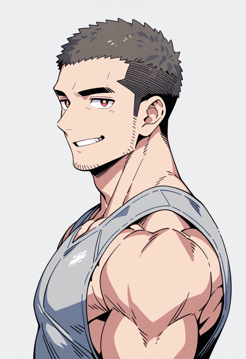 anime characters：Priapus, Muscle Sports Student, Buzz Cut, Manliness, male focus, Sports tight hooded sweatshirt, Very tight, full and perky chest muscles, muscular male, muscular, only, Upper body, alone, Red short hair, Thick eyebrows, stubble, Brown-red pupils, White background, simple background, amazing quality, best aesthetics, Ridiculous, crew cut, smirk, bright pupils, grin, negative space, negative space, best quality