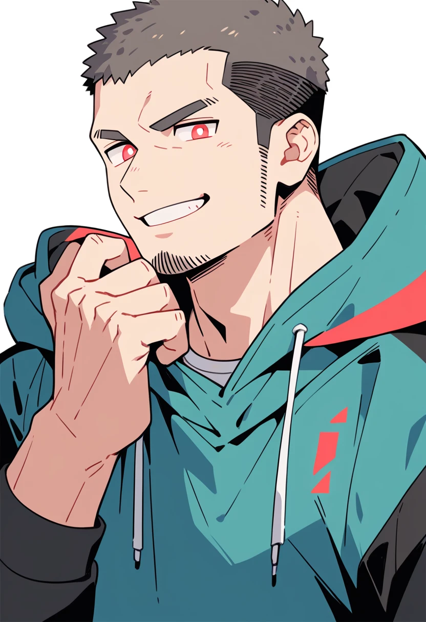 anime characters：Priapus, Muscle Sports Student, Buzz Cut, Manliness, male focus, Sports tight hooded sweatshirt, Very tight, full and perky chest muscles, muscular male, muscular, only, Upper body, alone, Red short hair, Thick eyebrows, stubble, Brown-red pupils, White background, simple background, amazing quality, best aesthetics, Ridiculous, crew cut, smirk, bright pupils, grin, negative space, negative space, best quality
