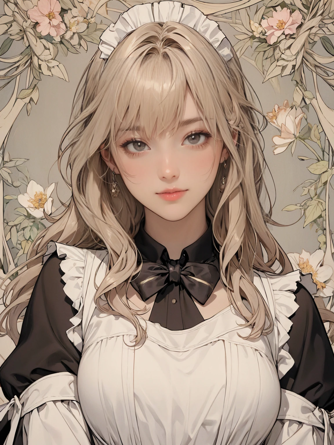  (masterpiece:1.1),(super realistic:1.0)(extremely detailed, intricate details, highres,2.5d:1.1),,(violet_evergarden:1.29), 1girl, (medium shot), beautiful woman, makeup, large breasts, (lip stick:1.1), (eye line:1.2), mascara, (smile eyes:1.25),(smile:1.4), (happy smiling:1.4), (upper-tooth:1.0), BREAK (bowtie), (Detailed Maid:1.4),crepe_fabric_Detailed_Clothes,puffies_long_Detailed_sleeves, soft shadow to face, BREAK (background is pale tone:1.4), (background is beautiful gorgeous garden), (lot of flower), Create a luxurious atmosphere, organic shape and Nature-inspired garden, BREAK (Art Nouveau:1.4), flowing lines, organic shape, complex pattern, (Decorative flat insect design, elegant forms, Natural Inspiration),