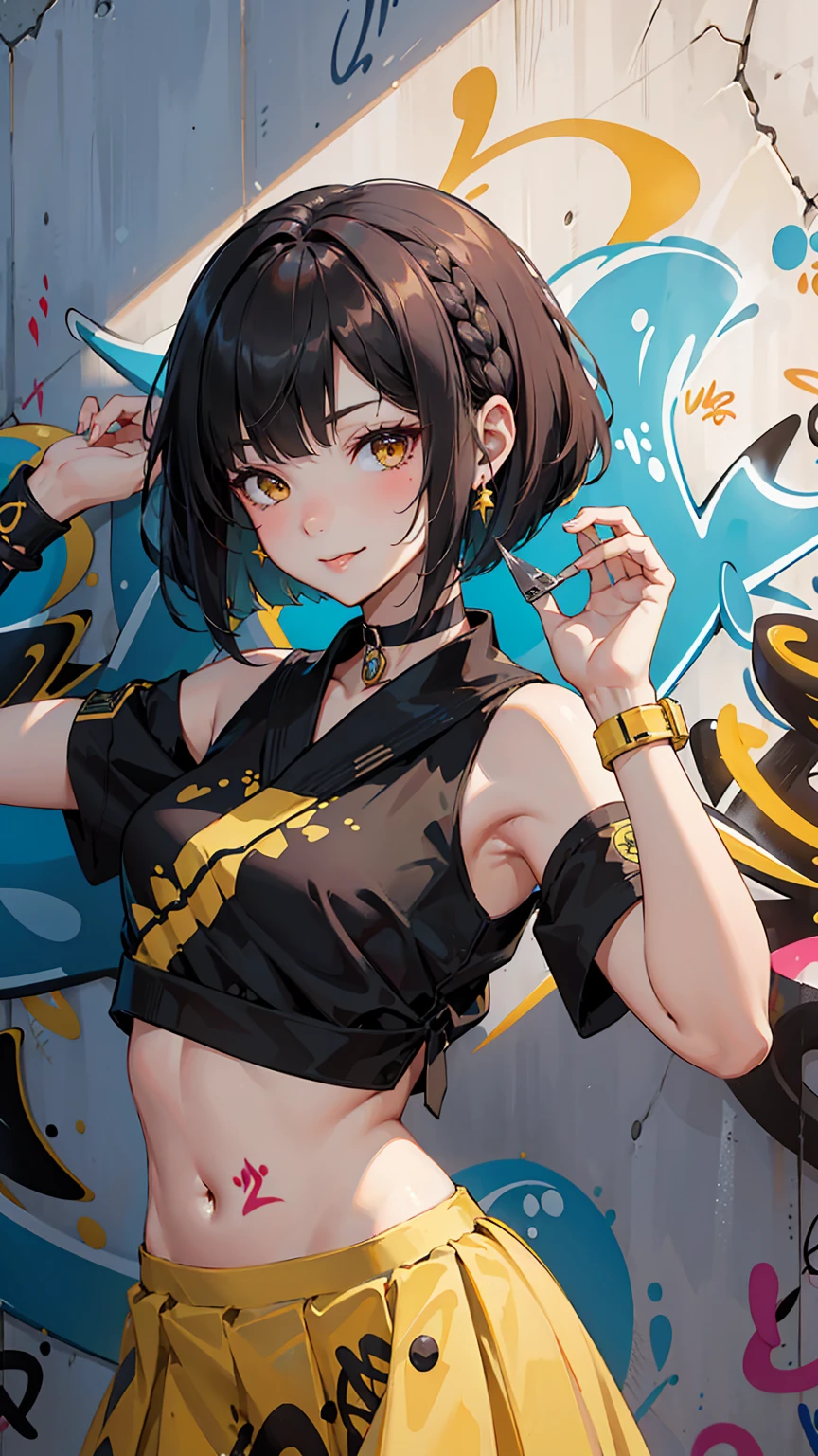 masterpiece, Highest quality, One girl, alone, Stylish crop top, Wink, Close one eye, Playful smile, Sticking out tongue, 鮮やかな黄色のshort hair, Beaver, short hair, Short Bob Hair, (((Bobcut))), ((haircut:1.3)), undercut, Bob Hair, Mini Bob, Side cut, buzz haircut, Side cut, Shave the sides of your head, Yellow Eyes, Graduation Bob, ストレートshort hair, short hair above the ears,, Shooting from an oblique angle, Elegant braid, Soft bangs, Upper Body, Charming choker, (graffiti:1.5), Artistic paint splatters, Seductive arms behind back, Leaning against a wall, Exposed back, Fashionable armband, Urban Hip Hop Style, flirtatious skirt, playful head tilt, intense expression, Warm orange, Dynamic asymmetrical design, Bold geometric shapes, Creative Street Art