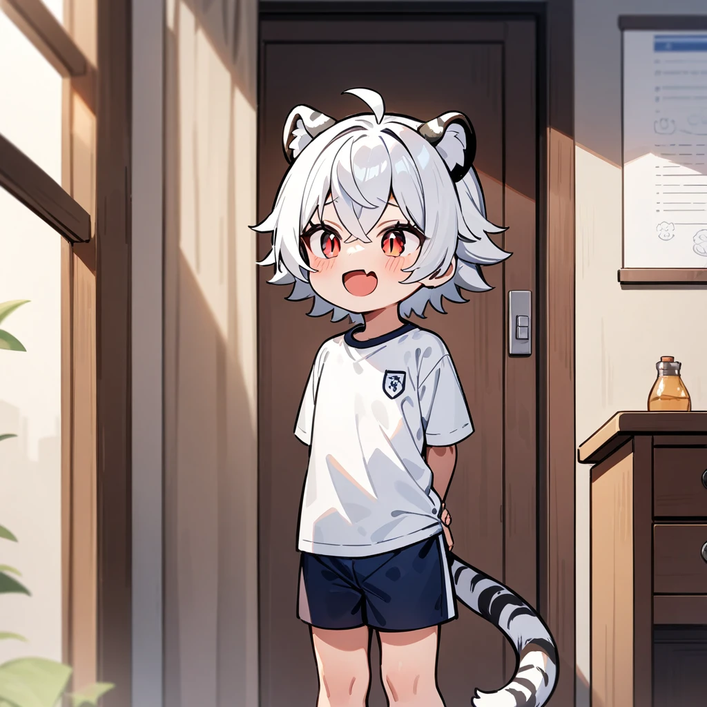 （masterpiece：1.2，high quality），4K，High resolution，A four-year-old boy，cute boy， white hair，short hair，crossed bangs，red eyes，slit pupils， ahoge，tiger ears，laughing，skin fang，Wearing a white shirt，dark blue sports shorts，Standing in the room，Next to it is the window，curtain，primary school student，thigh，alone，tiger tail，((Hands behind your back))