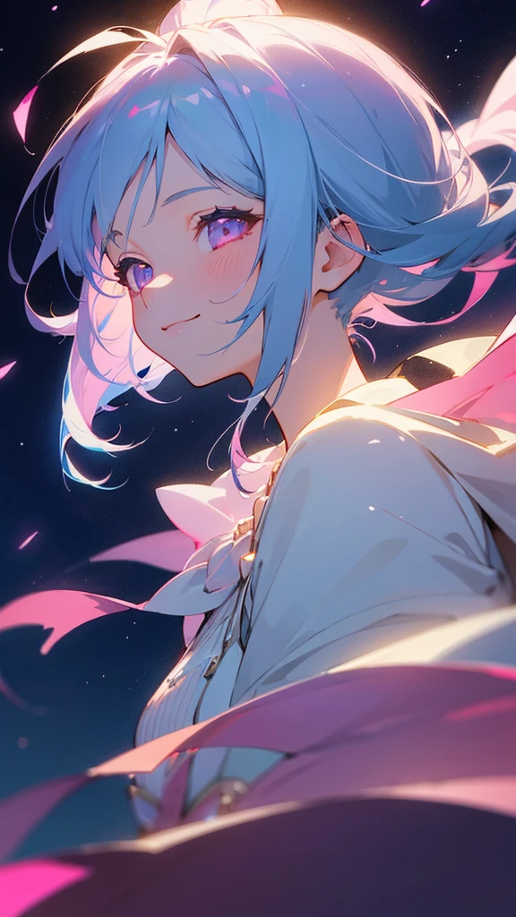 1 Girl、masterpiece、Highest quality、detailed、Light blue hair、Pink Eyes、beautiful、Starry Sky、night、Anime-style paintings、smile、smile、Upper body close-up、From the side、Stage lighting、Spot lighting