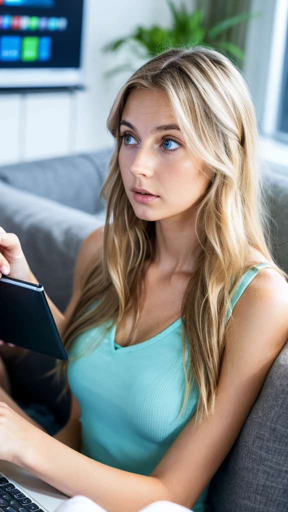 Emily, a concerned young woman with clear blue eyes and a stressed expression. She has long, blonde hair styled in a casual, tousled look with natural waves and a healthy shine. She is dressed in a summer tank top. She is sitting on a couch, surrounded by financial statements and looking at a tablet with anxiety. The background is dark with symbols of economic downturn and financial instability.