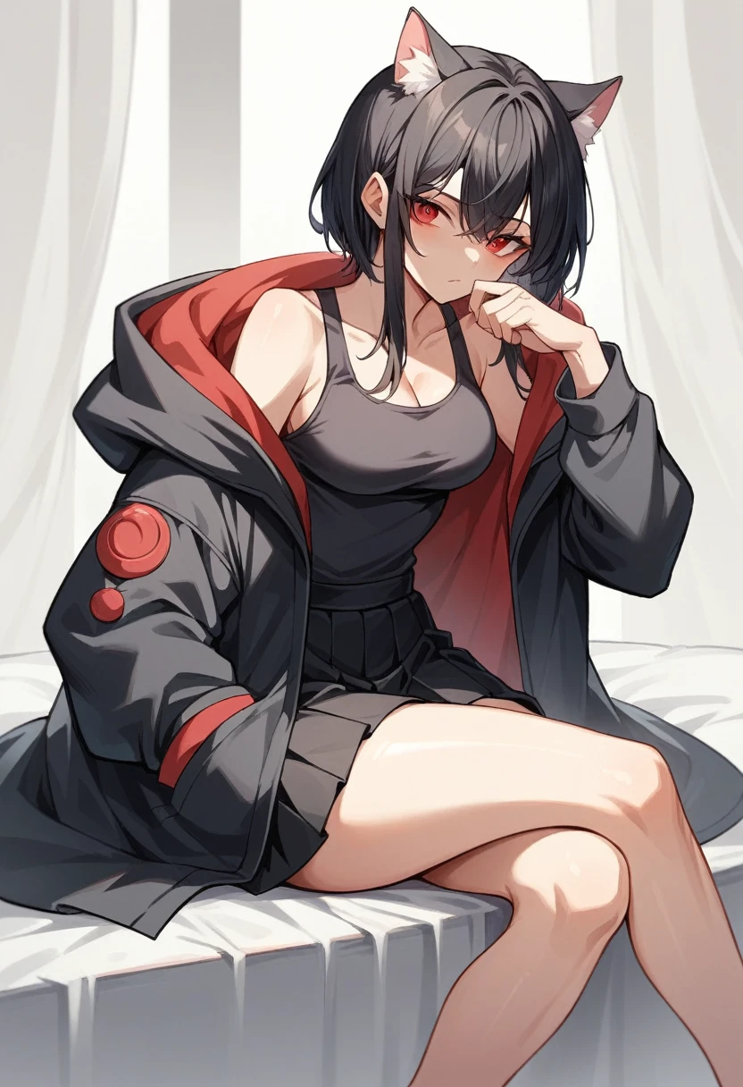 A girl with long black hair is sitting on the bed　Wearing a hood　He wears a black hoodie underneath his beautiful black ninja kimono.　Red eyes　She is wearing a black pleated skirt　White skin　tall　With bangs　Beautiful face　Thin legs　Smooth, long, straight hair　Long and narrow face　With waistline　Keeping your left hand in your pocket　Anime Style